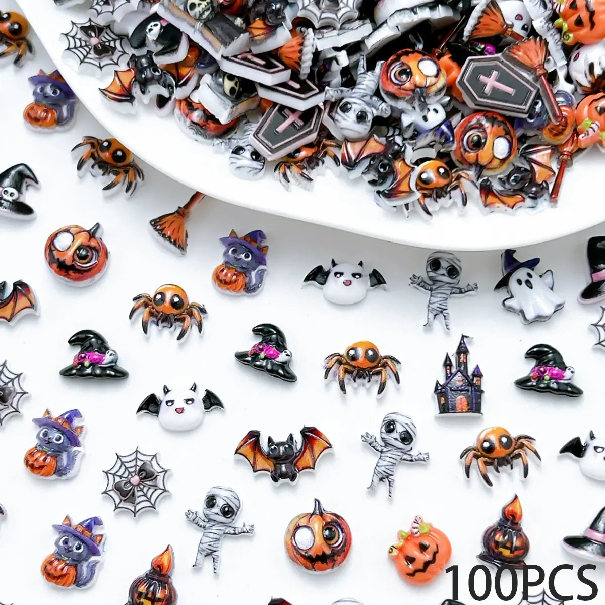 100PCS 3D Gothic Style Halloween Series Nail Charms Creative Simulated Pumpkin Ghost Witch Hat Broom Mixed Crazy Nail Art Manicure Nail Art Nail Art Accessories DIY Phone Case Hair Clip Nails Ornaments