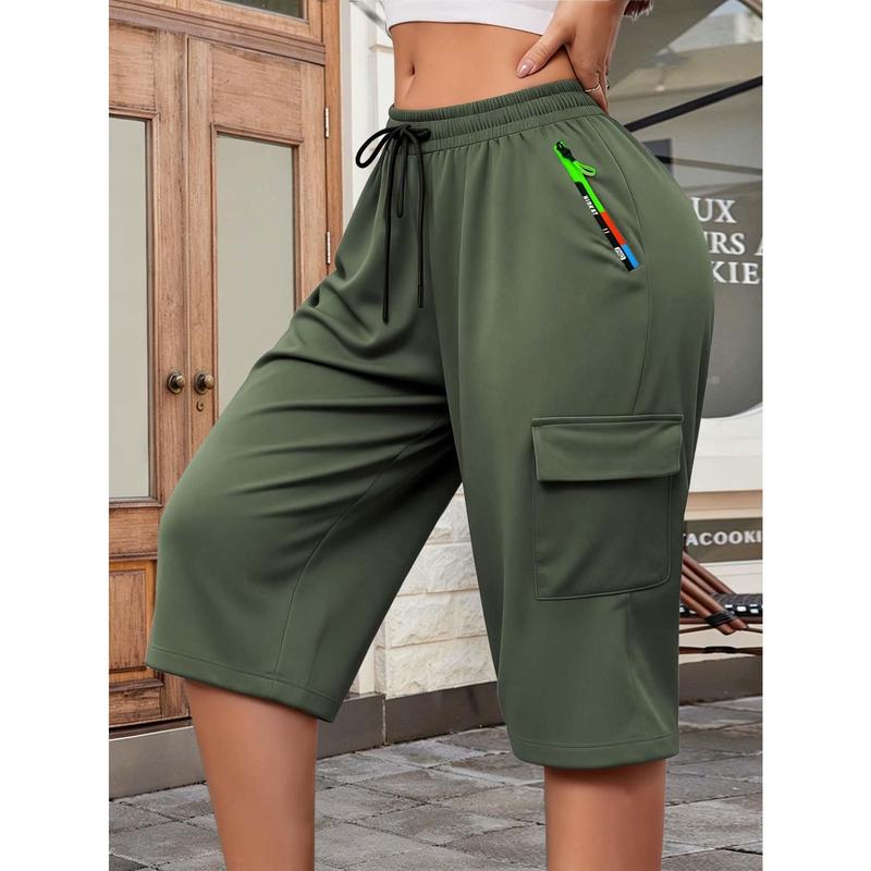 Women's Loose-Fitting Casual Ankle Length Cargo Capri Pants - Athletic Bottoms, Drawstring Elastic Waist, Bold Zip Detail, Large Capacity Pockets, Elastane-Polyester Blend, Sport Outdoor Clothes (Spring/Summer)