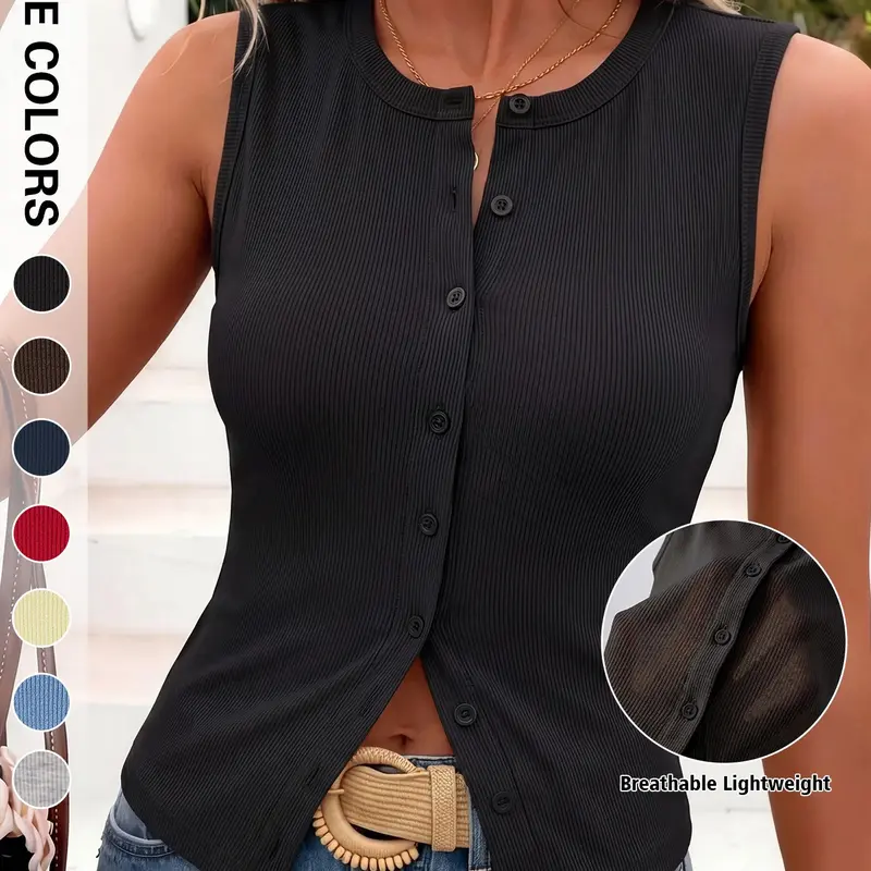 Women’s Sleeveless Ribbed Tank Top Button Down Vest Crew Neck Slim Fit Lightweight Basic Casual Street Style Summer Outdoor Wear Daily Wear Sleeveless Knitted