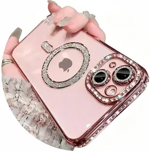 Magnetic Glitter Diamond iPhone 15 Plus Case[ with MagSafe] Sparkle Rhinestone Camera Lens Protector Plated,Crtstal Clear Slim Military Drop Shockproof Cover Women,Pink