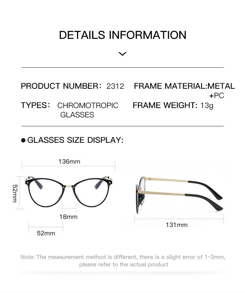 Color-changing anti-blue light glasses, fashionable cat-eye glasses frame, trendy metal eyeglass frame