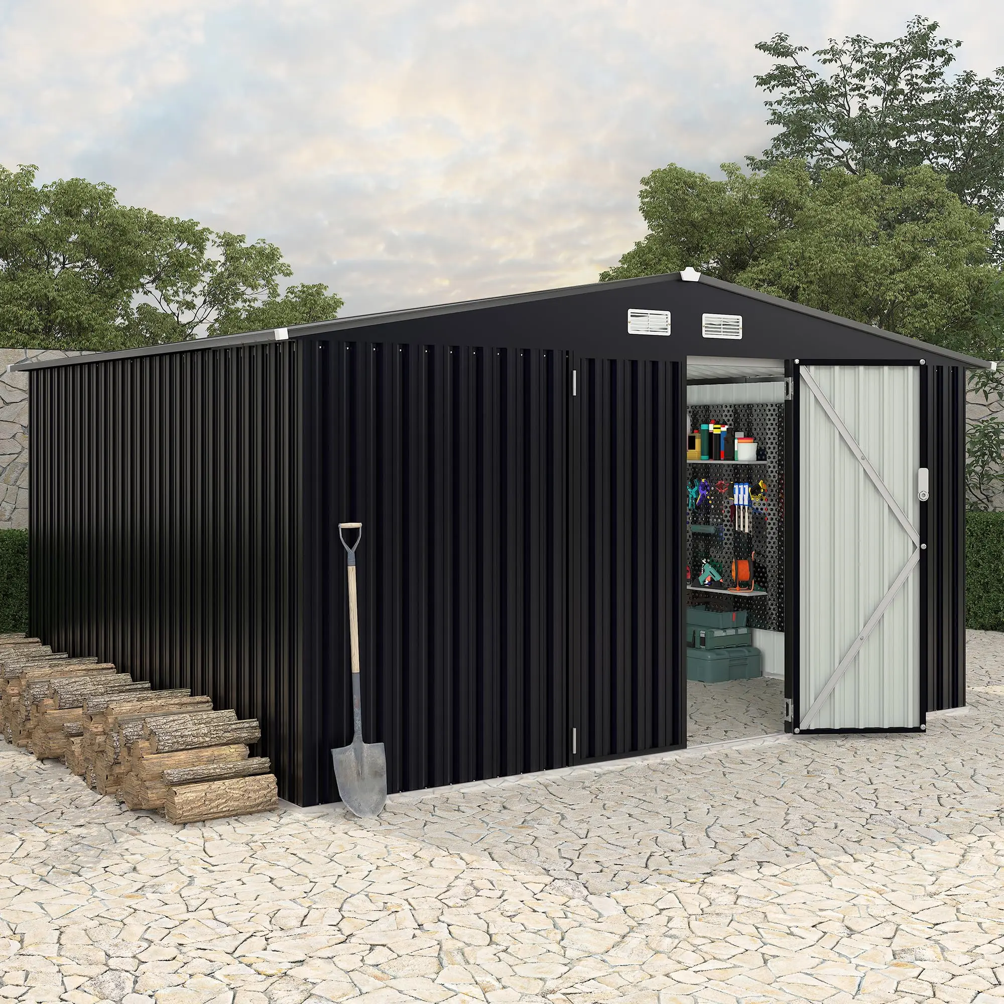Heavy Duty 8x10 FT Outdoor Metal Storage Outdoor Storage - Garden Utility Outdoor Storage with Lockable Door & Air Vents - UV & Rainproof Large Metal Tool Outdoor Storage for Backyard, Patio, Lawn
