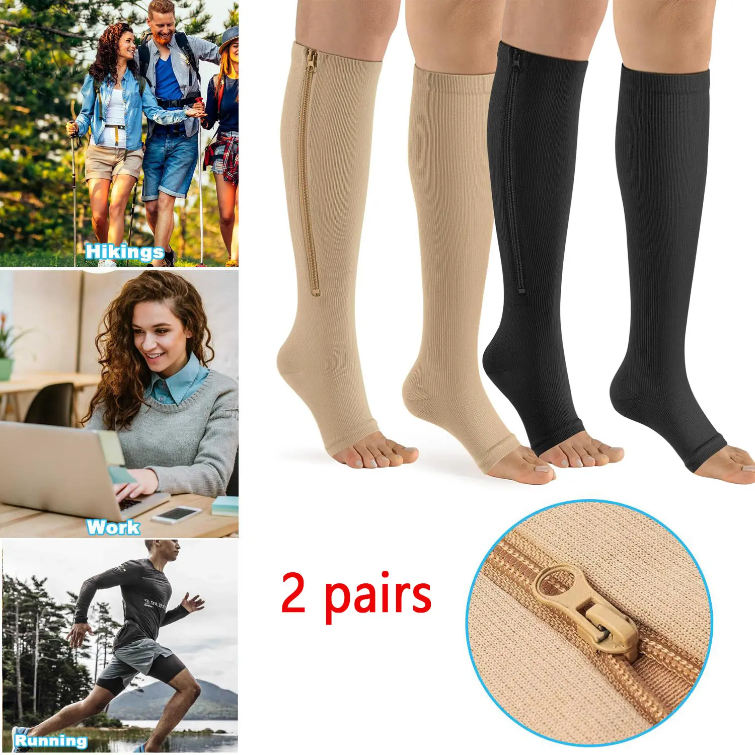 Men's & Women's 15-20mmHg Zipper Compression Calf Socks, 2 Pairs Nylon Knee-High Open-Toe Stockings for Walking, Athletic Activities