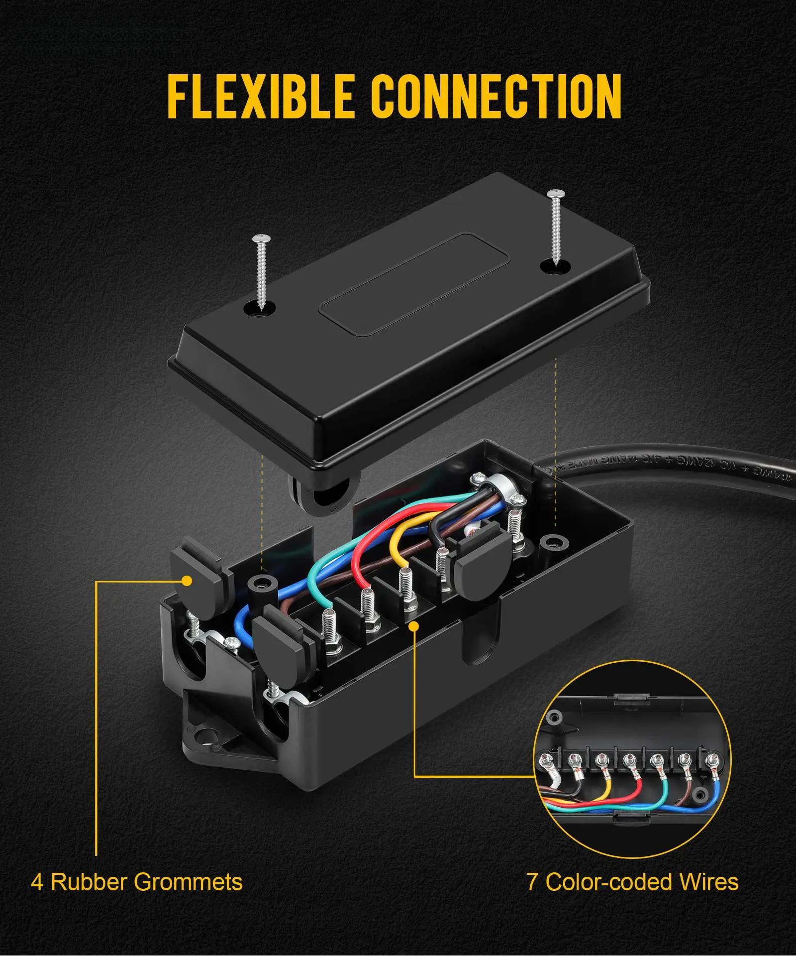 7 Way Trailer Wiring Harness Kit 8ft Trailer Cord with 12V Breakaway Switch and Plug Holder, 7 Gang Junction Box Waterproof