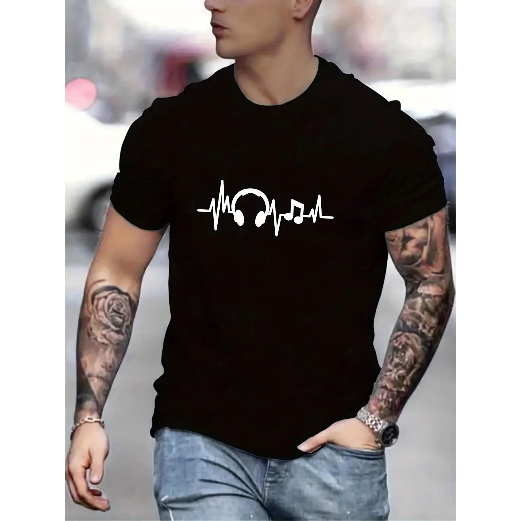 Music & Headphone Print Men's Short Sleeve T-shirts, Comfy Casual Breathable Tops For Men's Fitness Training, Jogging, Outdoor Activities