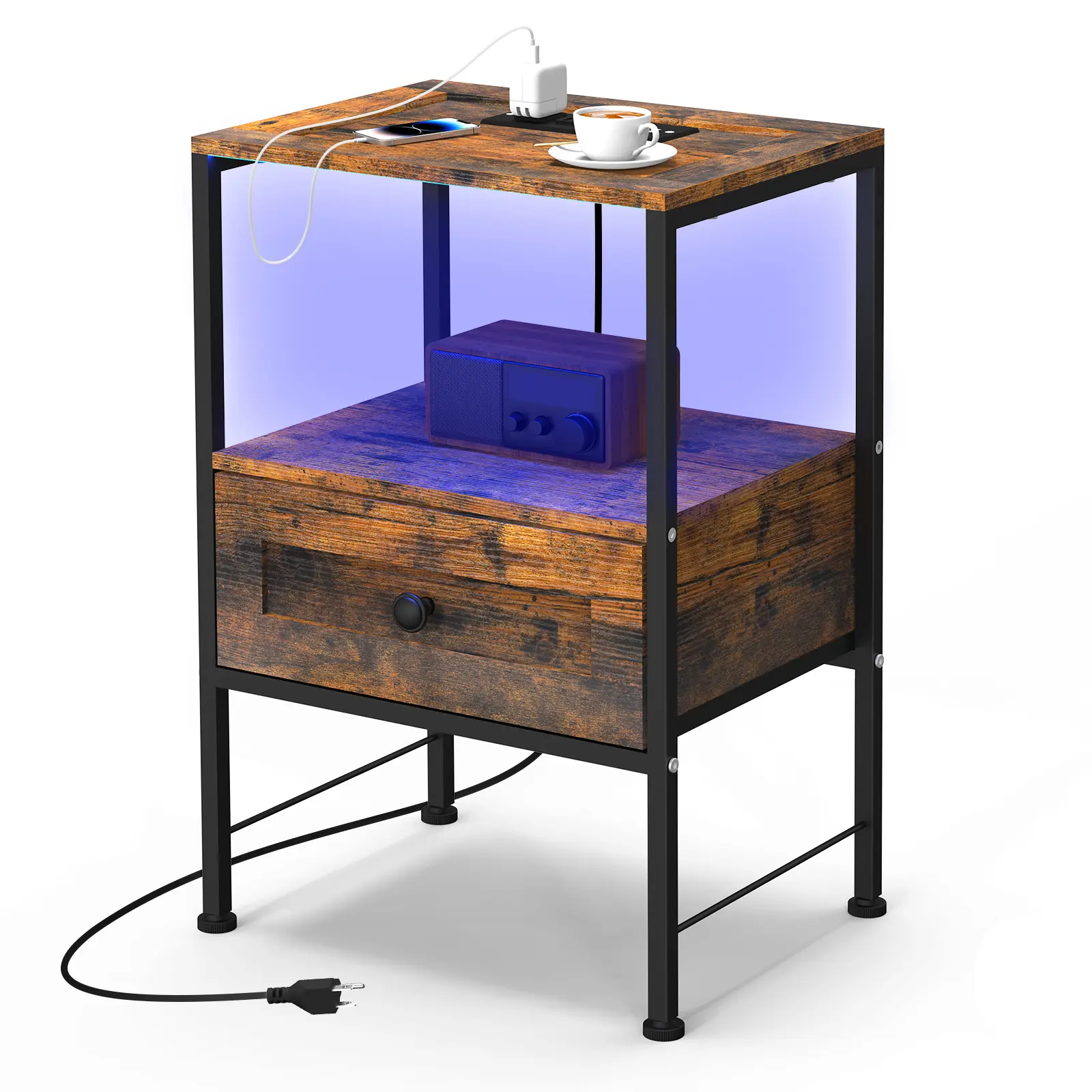 Modern Bedroom Metal Frame Nightstand with Drawers - Heavy-Duty, Small Space Organizer, College-Sized Furniture, RGB LED Lights, Charging Station, Scratch-Proof Top, Stable on Uneven Floors, Indoor Cabinet#tiktokshopsummersale