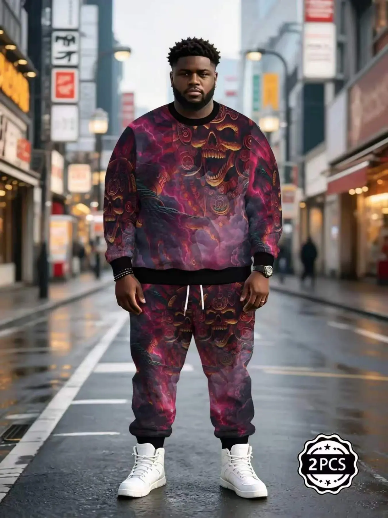 Men's Aztec Style Skull 3D Print Sweatshirt Set, Long Sleeve Fitted Casual Suit, All Seasons Streetwear Two-Piece