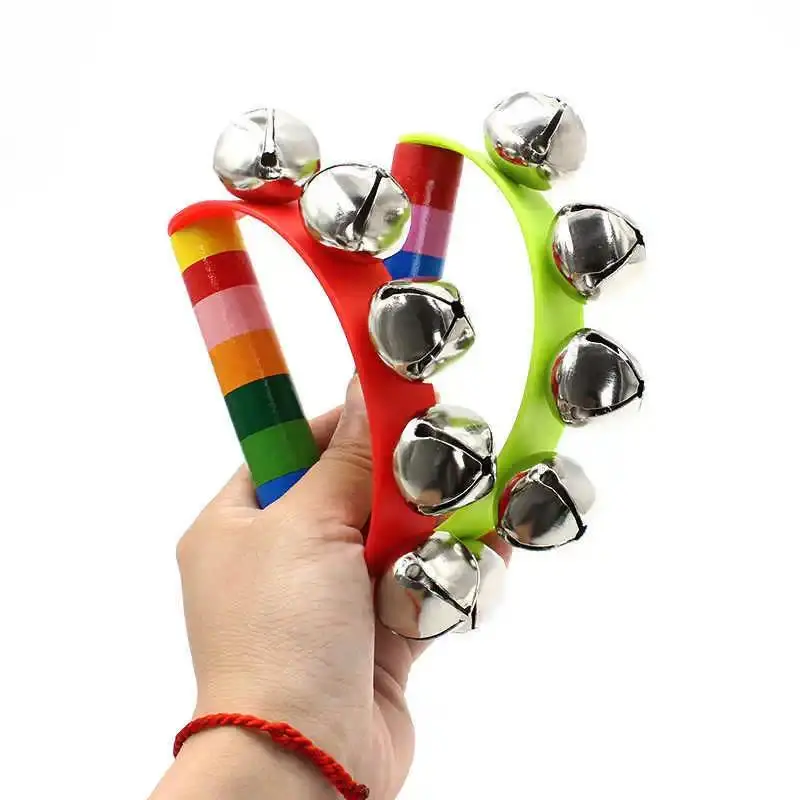 Percussion Instrument, Semi-round Hand Rattle, Hand-held Colorful Wooden Handle Rattle, Colorful Leather Five-bell Bell, Shaking, The Sound Is Crisp, Soft and Not Harsh