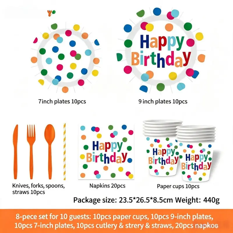 90pcs Colorful Dot Birthday Party Theme Disposable Paper Plates Cups Napkins Cutlery Set, Perfect for 10 People Dining Decor