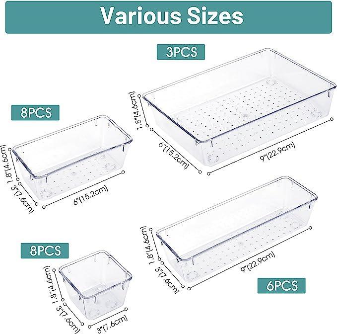 25 PCS Clear Plastic Drawer Organizer Set, 4 Sizes Desk Drawer Divider Organizers and Storage Bins for Makeup, Jewelry, Gadgets for Kitchen, Bedroom, Bathroom, Office Boxes Transparent