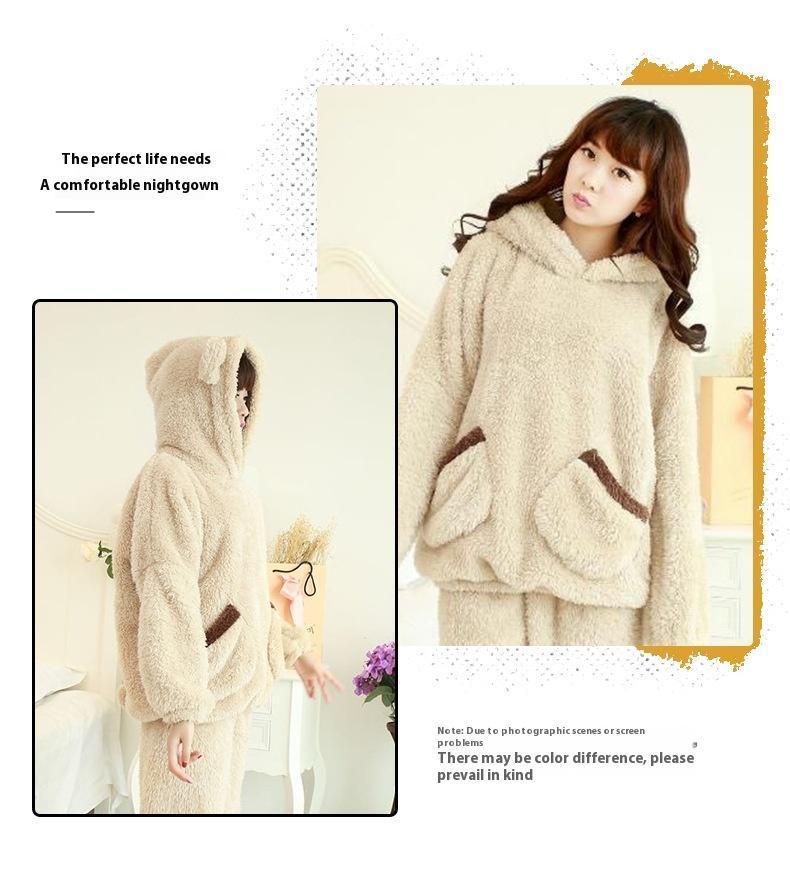 Thickened Warm Autumn Winter Women Cartoon Plush Hooded Bear Sleepwear Ladies Flannel Homewear Set Solid Nightwear Loungewear