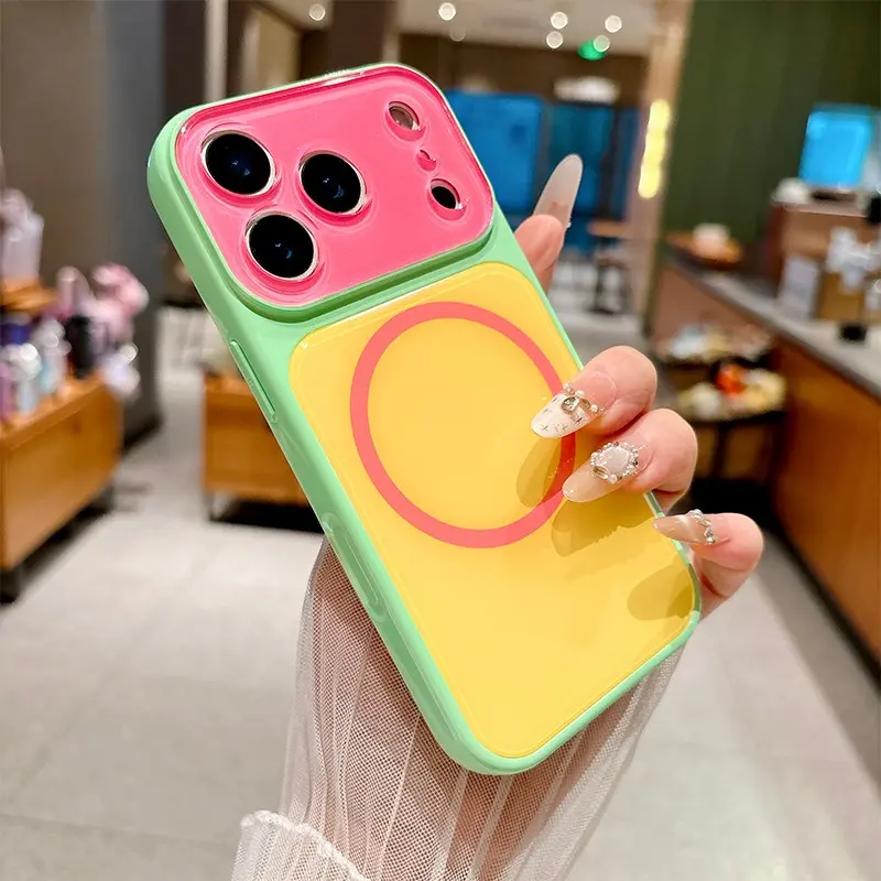 Magnetic summer contrasting macaron color block diagram phone case suitable for iPhone 17, 16, 15, 14 Pro Max wireless charging compatible with MagSafe jelly colored acrylic dopamine light oil glitter powder soft border wear-resistant phone case