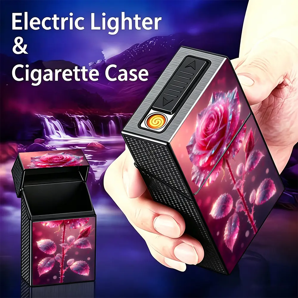 With Integrated Electronic Lighter, Printed with Crystal Clear Rose Red Crystal Rose Style, Dreamy, Romantic And Exquisite, USB Charging, Can Hold 20 Cigarettes of 84Mm And 90Mm Length, Portable Storage, Gift for Boyfriend, Husband