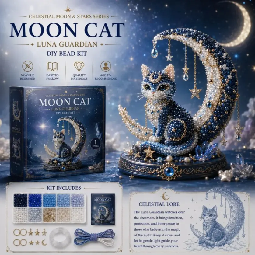 Moon Cat Luna Guardian DIY Bead Kit, Creative Jewelry Making Set, Moon & Stars Series, Perfect for Craft Enthusiasts