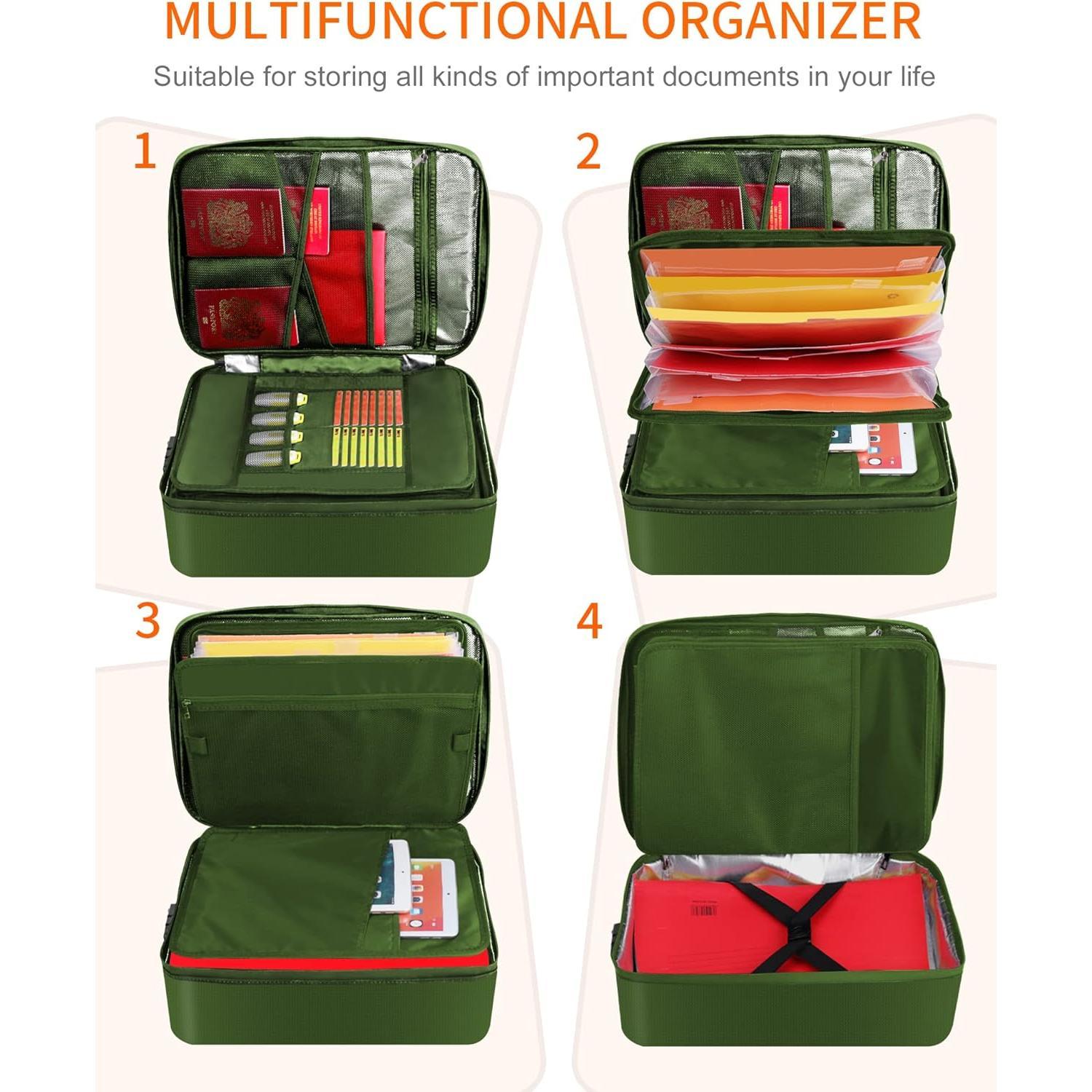 Important Document Organizer,  and Fireproof Document Box with 7 Pockets File Folder,Portable  Fire Safe Storage Box Case with Lock for Documents,File and Card,Green