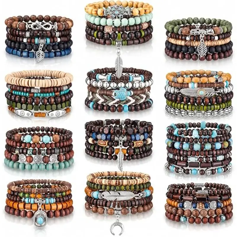 10/20/30Pcs Vintage Wooden Beaded Bangles Bundle - Layered Stacking Bangle Set with Boho Alloy Charms, Elastic Bulk Costume Jewelry Gift for Women Men