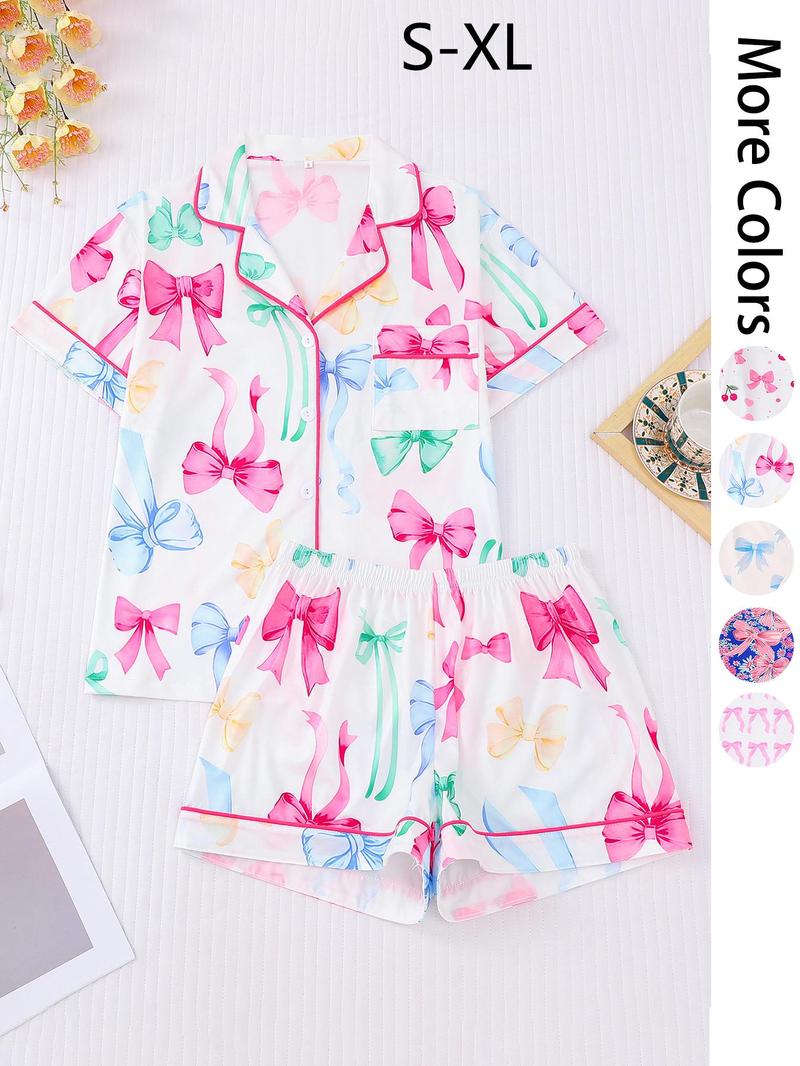 Women's All Over Print Pajama Set, Casual Comfy Short Sleeve Lapel Neckline Pocket Shirt & Shorts PJ Set, Ladies Summer Sleepwear, Sleepwear Pajamas Set