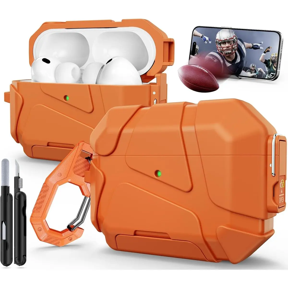 AirPods Pro 3rd Generation Case, Orange with Secure Lock & Phone Stand Design, Includes Headphone Cleaner Kit