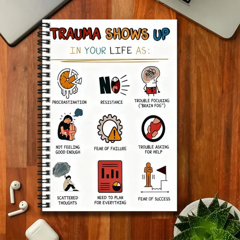 A spiral-bound notebook on the topic of trauma symptoms, covering various trauma symptoms such as procrastination and difficulty concentrating. Suitable for work and study records, daily plan writing, and can also be used as a graduation gift or birthday