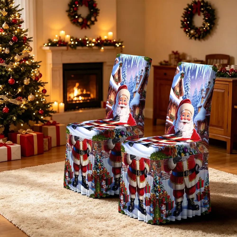 2/4/5/6/7 PCS Skirt‑Style Chair Cover Set, Christmas Table Decoration Kit, Ruffled Skirt Chair Covers + Tablecloth, Merry Christmas Santa Claus Printed Skirt Chair Cover & Tablecloth Set, Holiday Party Dining Room Home Decor