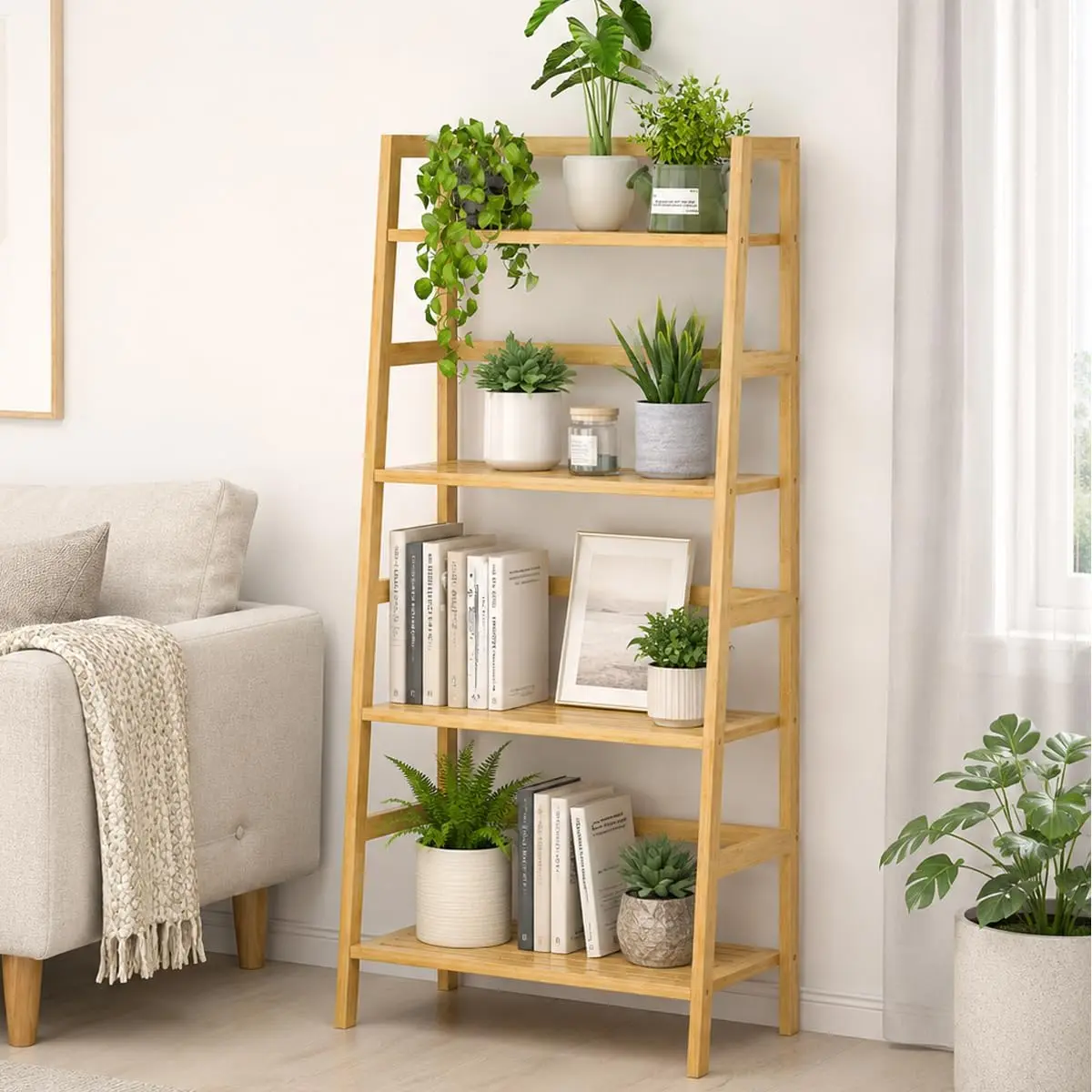 50 in 4-Tier Natural Wooden Ladder Shelf - Sturdy Wall-Friendly Freestanding Open Display Storage Rack, Multi-Room Home Organizer for Small Spaces, Living Room