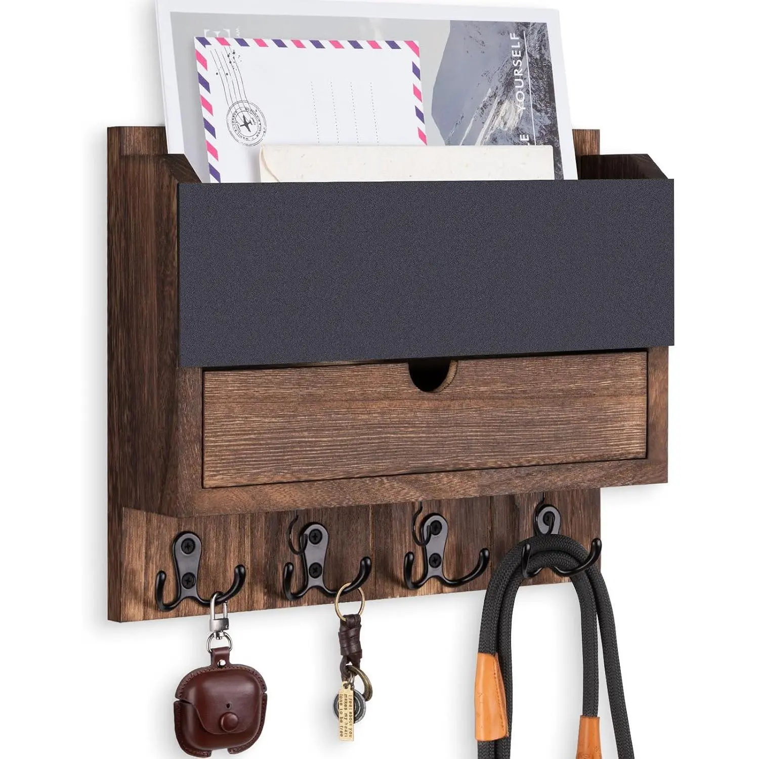 Mail and Key Holder Wall Mount with Storage Drawer & Chalkboard Panel | Modern Wooden Mail Organizer for Wall Entryway, 7 key hooks, Stylish  Decor for Apartments, Living Room, Office