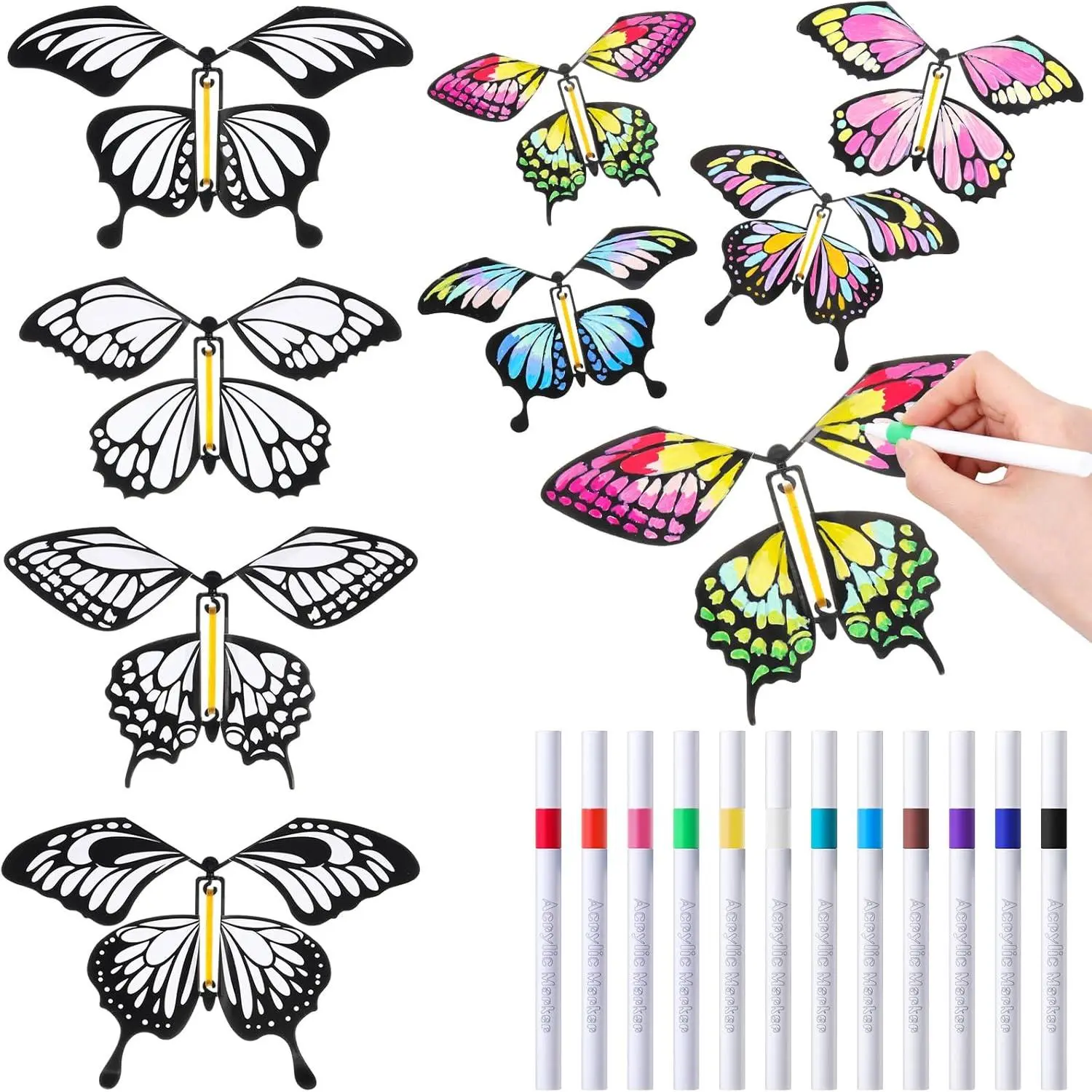 44 Pcs Flying Butterfly Craft Kit with 32 Wind up Butterflies and 12 Color Pens DIY Painting White Paper Butterflies Toy for Party Game School Activity Birthday Gift (Style 2)