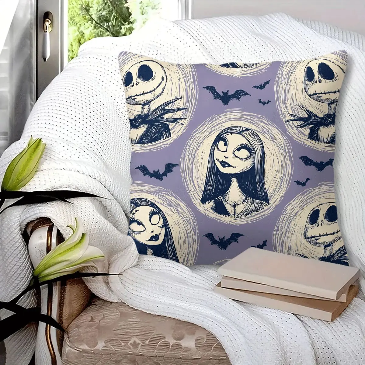 45x45cm 1Pc, Halloween Nightmare Before Christmas decorative cushion, Jack Skellington & Sally printed with bat pattern, soft fluffy durable pillow, perfect for sofa, bed, living room, bedroom decor, great holiday gift for movie fans, brings cozy sp