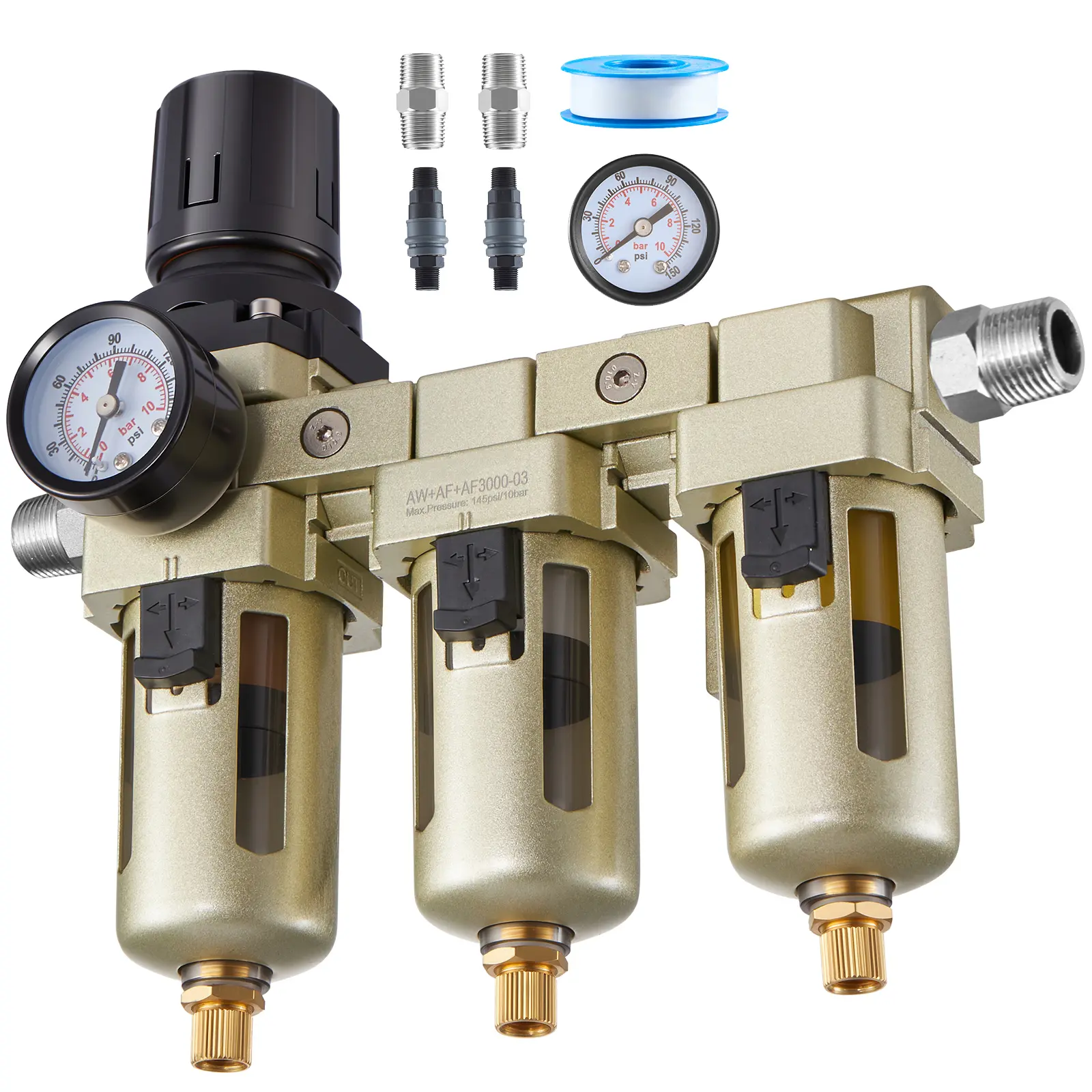 Air Compressor Filter Regulator, 145 PSI Max Working Pressure, 41-140°F/5-60°C Operating Temperature, Metal Guard + Poly Bowl Construction, Super-Efficient Filtration