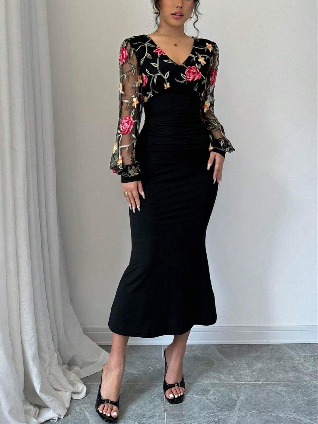 prom dresses, Valentine's Day Women's Floral Embroidery Tulle Patchwork Sheer Mermaid Dress, Elegant Bishop Sleeve V Neck Long Sleeve Dress for Party Holiday Wedding Guest, Ladies Clothes for All Seasons, Fashion Dress