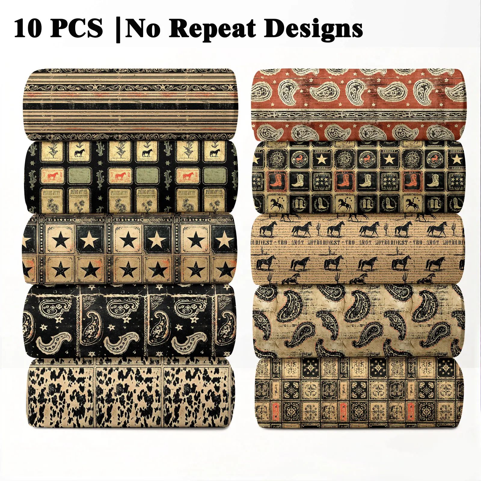 10PCS Vintage Western Print Fabric, 23x55cm (9x22in) Classic Vintage Western Pattern Quilting Home Decor DIY