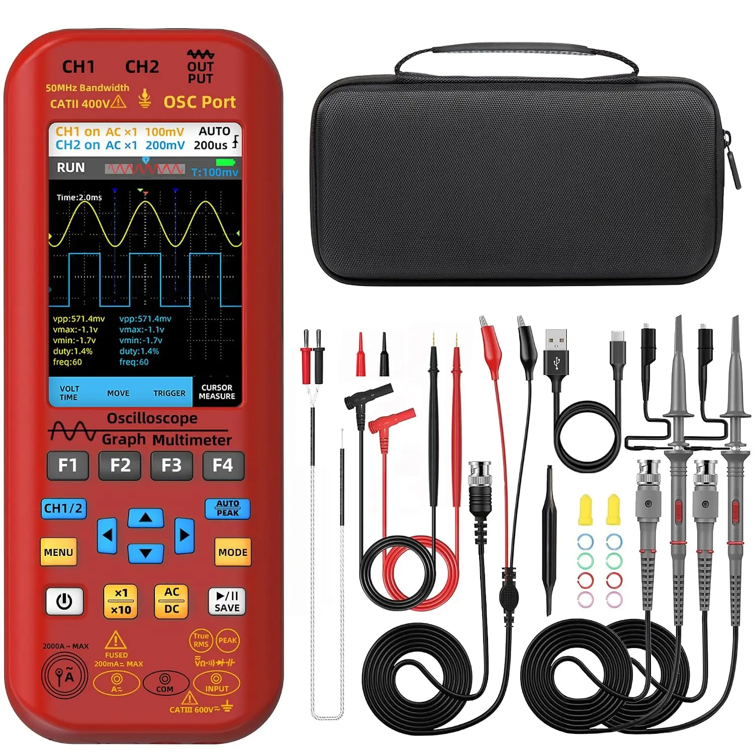 2  Digital Handheld Oscilloscope 50MHz 3.98TFT Oscilloscope Multimeter Signal Generator 3 in 1 Portable Lab Oscilloscope Supports Flexible Coils 20000 Count 250MSa/s Automotive Tester