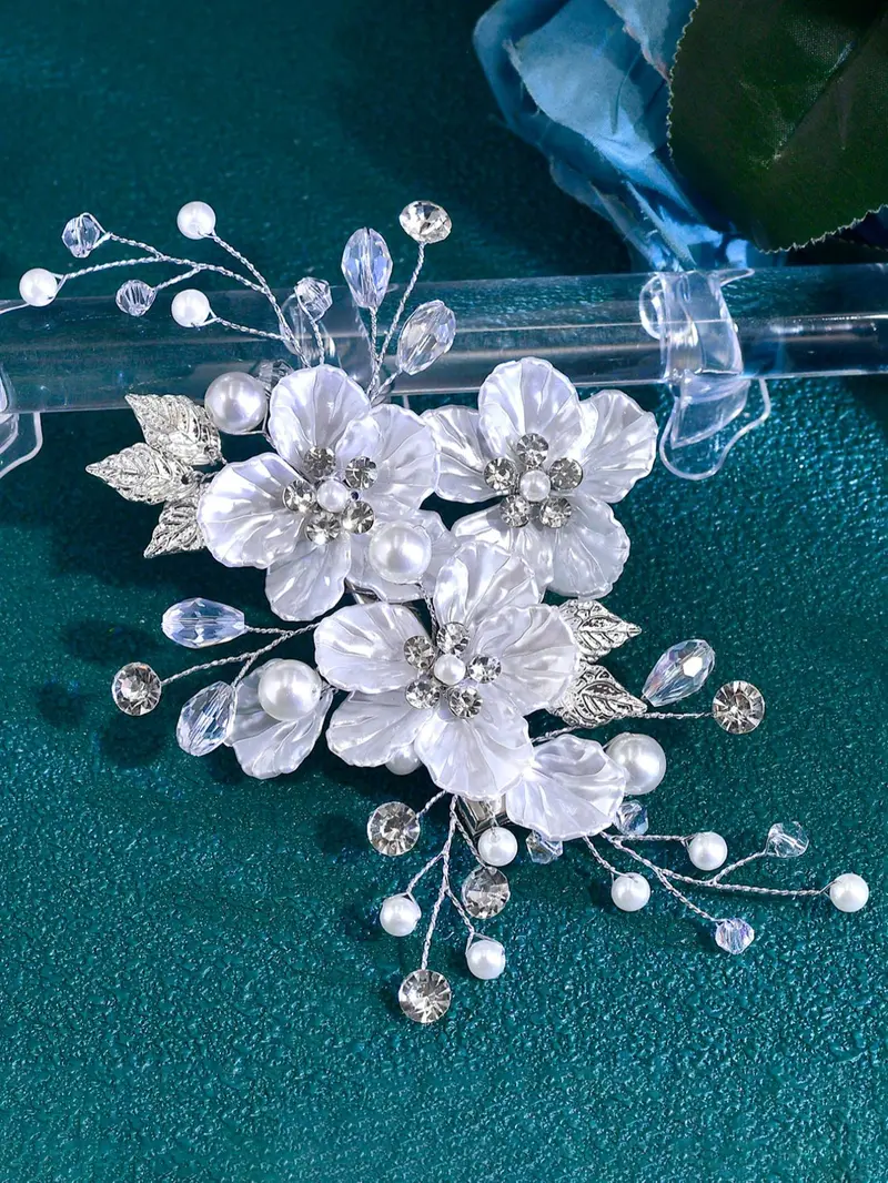 Elegant Faux Pearl & Flower Decorated Hair Comb, Rhinestone Decor Bridal Headwear for Wedding Bridal Party Formal Occasions, Fashion Hair Accessories for Women