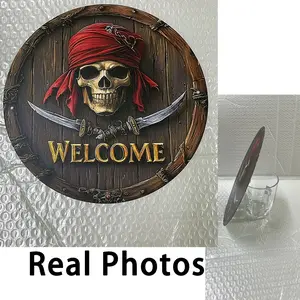 Vintage Pirate Welcome Sign, Weathered Aluminum Plaque with Intricate Skull Design, Metal Signs, Perfect for Festive Decorations and Holiday Displays