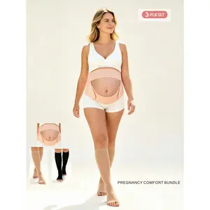 3PCS Pregnancy Support Bundle Belly Band with Open-Toe Compression Socks (Black & Nude)