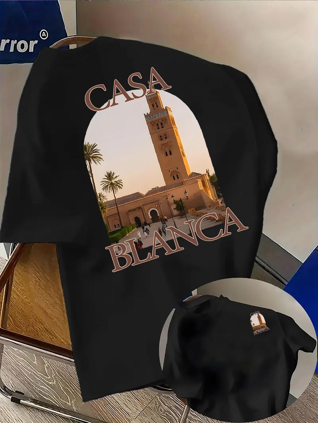 Men's Fashion Casablanca Print T-Shirt - Simple Casual Round Neck Short Sleeve Tee, Machine Washable Summer Clothing, Suitable for Summer and Year-Round Wear, Ideal for Daily Casual, Home, and Outdoor Use
