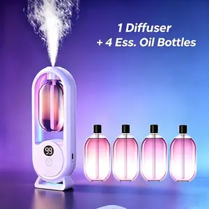 Small Automatic Spray Diffuser with 4 Bottles of Gardenia Essential Oil, 7-Color Ambient Light, 4 Spray Speed Settings, 50ML