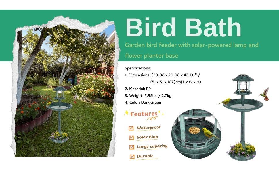 Outvita Outdoor Bird Bath, Garden Bird Baths Decorations with Solar-Powered Lamp and Resin Pedestal Flower Planter Base Bird Feeder for Yard Patio