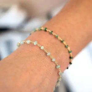 Real Gemstone Bracelets, Aquamarine Emerald Beaded Chain Stacking Bracelets, Zodiac Crystal Birthstone Jewelry Gift Mom Daughter Grandma