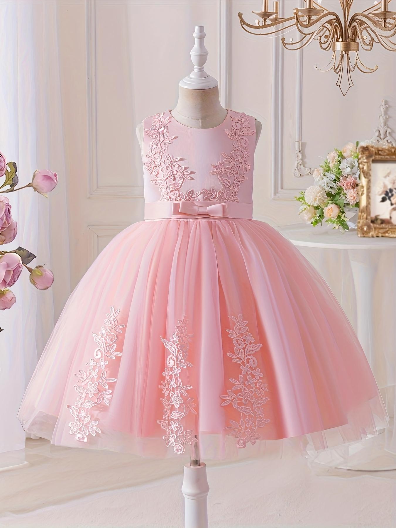 Girls Princess Dress Lace Mesh Flower Girl Wedding Stage Runway Sleeveless Midi Crew Neck Embroidered Tie Back Flared Hem All Season Non Stretch Formal Dresses