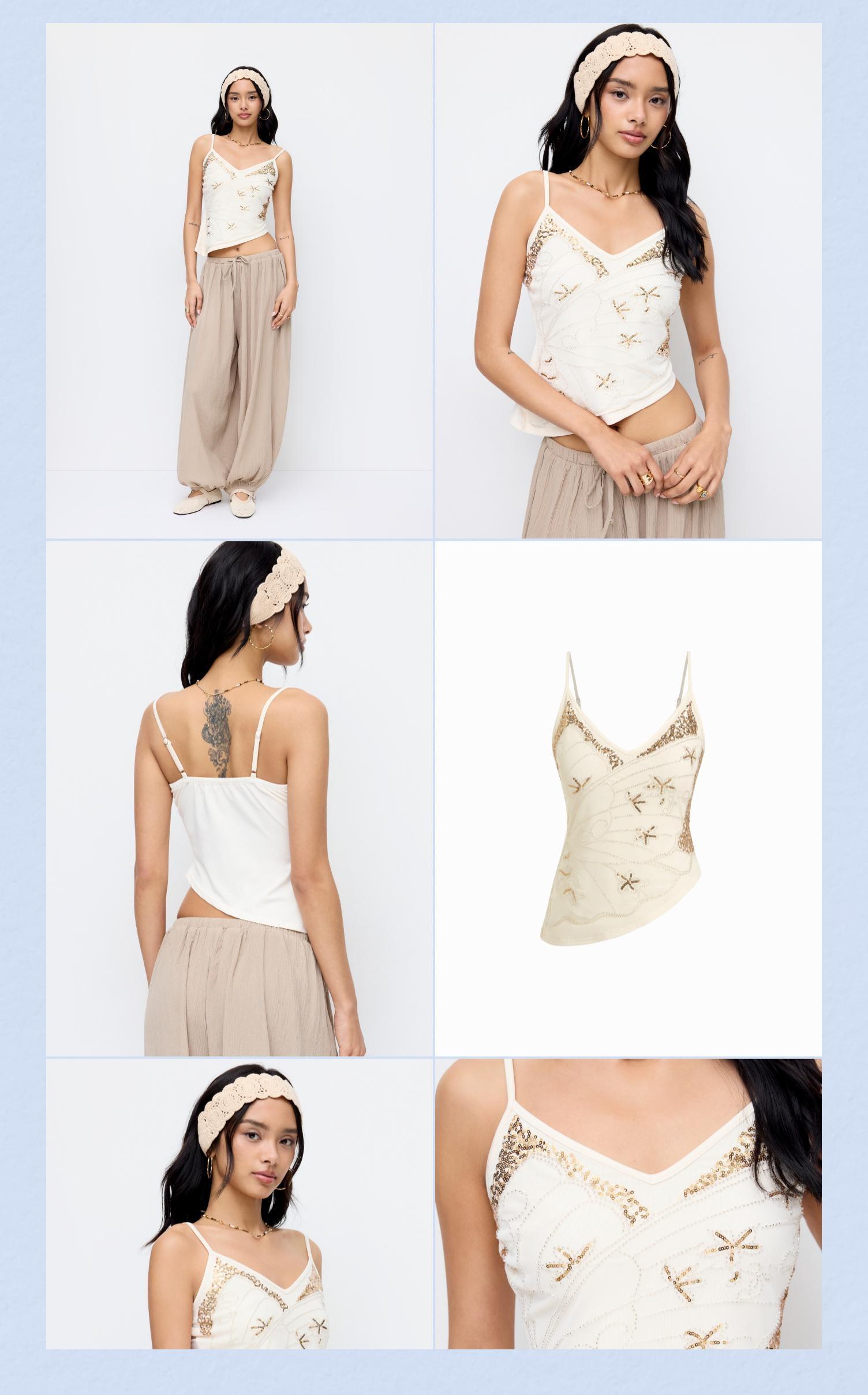 Cider V-neck Embroidered Starfish Graphic Crop Cami Top