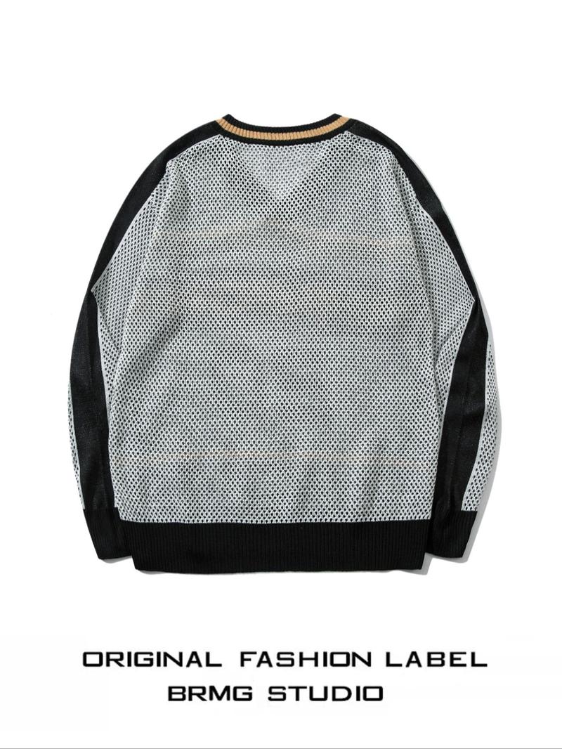 Unisex Men's Colorblock Letter & Number Print V Neck Sweater, Loose Casual Breathable Long Sleeve Jumper for Spring & Fall, Fashion Men's Knitwear for Daily Wear, Longsleeves Menswear, Casual Pullover Top