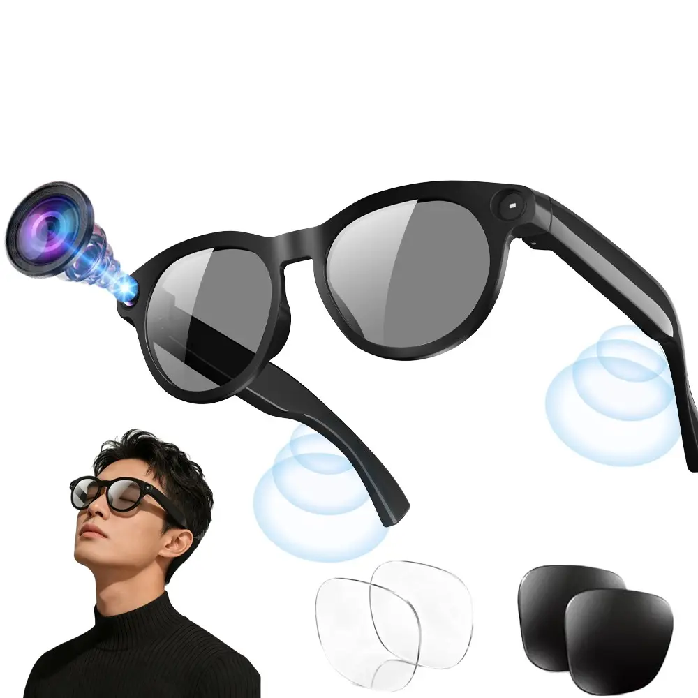 Bluetooth Smart Audio Glasses for Recording，8MP Camera, 1600*1200 Pixel Video Shooting,One Click Audio Recording, 4GB Memory, 290Mah Battery,AI Real Time Translation, Build-in Mic & Speakers, Bluetooth Calling, Music Playback, 2 Lenses Total