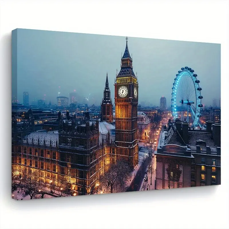 London Winter Snow Scene Canvas Painting, Wooden Frame, Bernard and London Eye Night View, Wall Art for Living Room, Bedroom, Kitchen