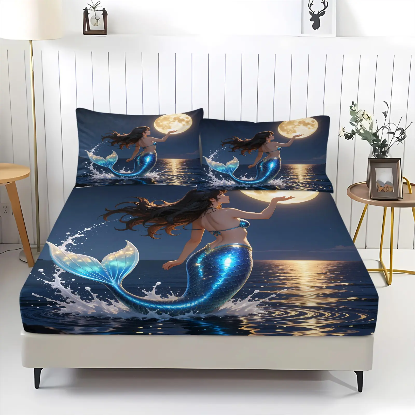3PcsOcean Mermaid Trend Art Print Fitted Sheet Set, Machine Washable Skin-Friendly Fabric, Mattress Protection Design, Suitable for Bedroom Dorm Home Decor, All Season Bedding (Pillows Not Included)