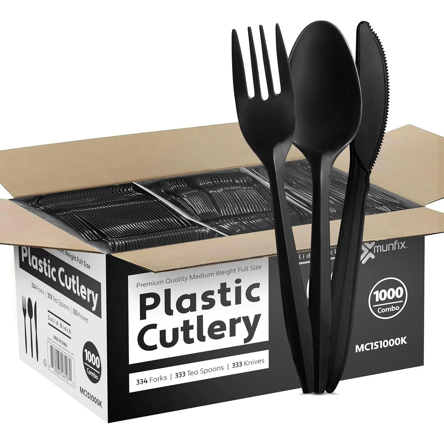 1000 Count Black Silverware Set, 334 Forks, 333 Spoons, 333 Knives, Medium Weight  Disposable Plastic Cutlery Set, Bulk Combo Pack Flatware Set for Party Supplies