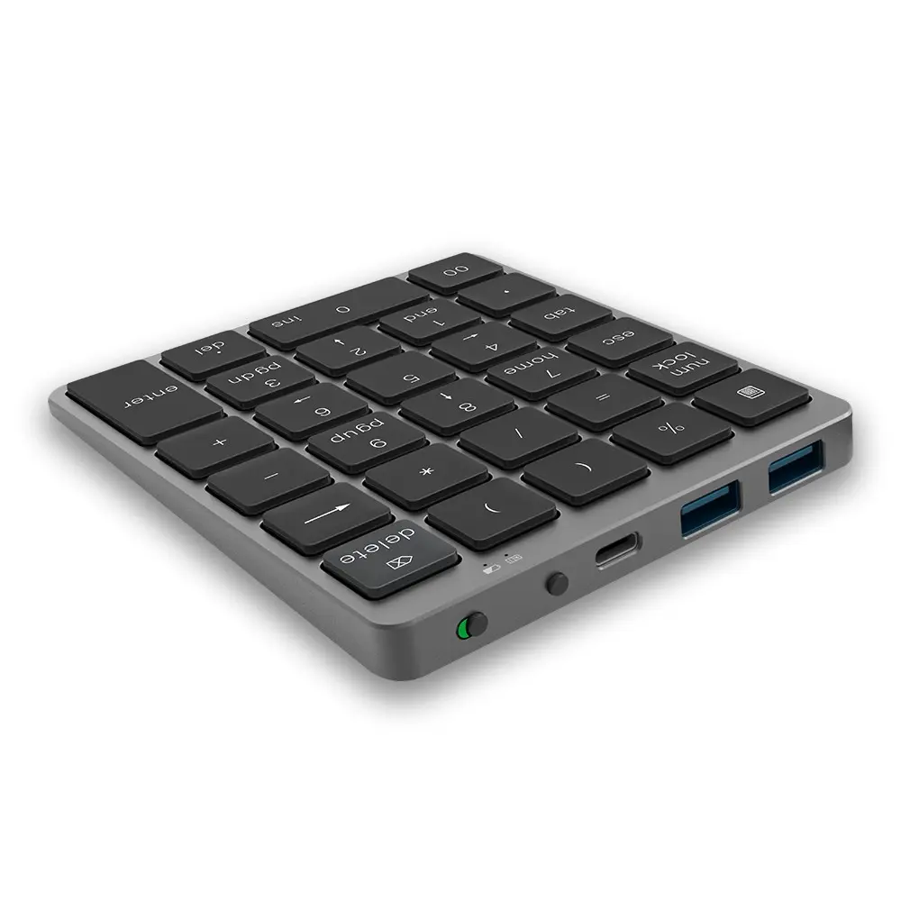 Aluminum Bluetooth wireless numeric keypad with hub function, 28-key portable rechargeable numeric keypad suitable for laptops and desktops.
