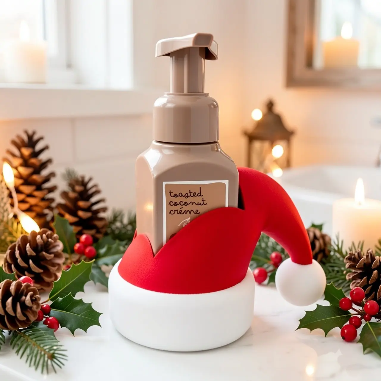 Christmas Hat Soap Dispenser Set, 3D Printed Hand Shell Kit, Bathroom and Kitchen Decor, Christmas Style Container for Lotion, 56mm X 53mm