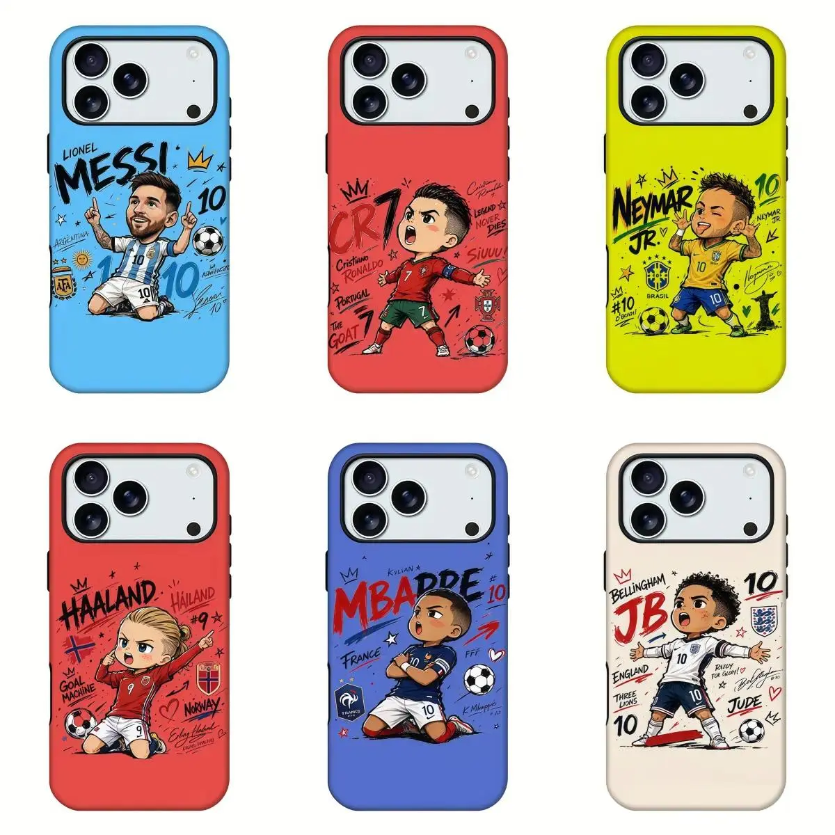 W-W0rld CUP All-Star Roster Cute Cartoon Football Superstar Graffiti Phone Case, CR7 Neymar Mbappe Haaland Bellingham Chibi Soccer Player National Team Print Shockproof Protective Cover For iPhone 17 Air 16 15 14 13 12 11 Pro Max Plus Samsung.Perfect gift