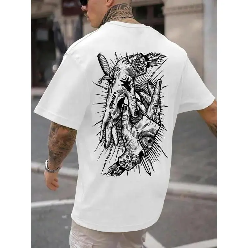 Women's Casual Round Neck Short-Sleeve Tee - Unisex Streetwear Top with Muppet Cartoon Hands All Over Print, Embroidered Drop Shoulder, Regular Fit for Summer, Shortsleeve, Tshirt, Women's Clothes, Drop Shoulders, Relaxed Fit